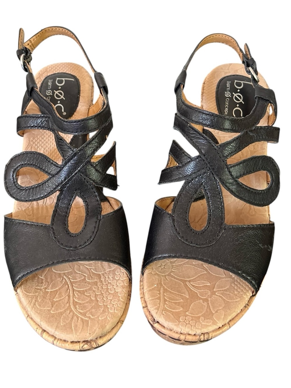 B.O.C. Black Leather Decorative Strappy Slingback Wedge Sandals